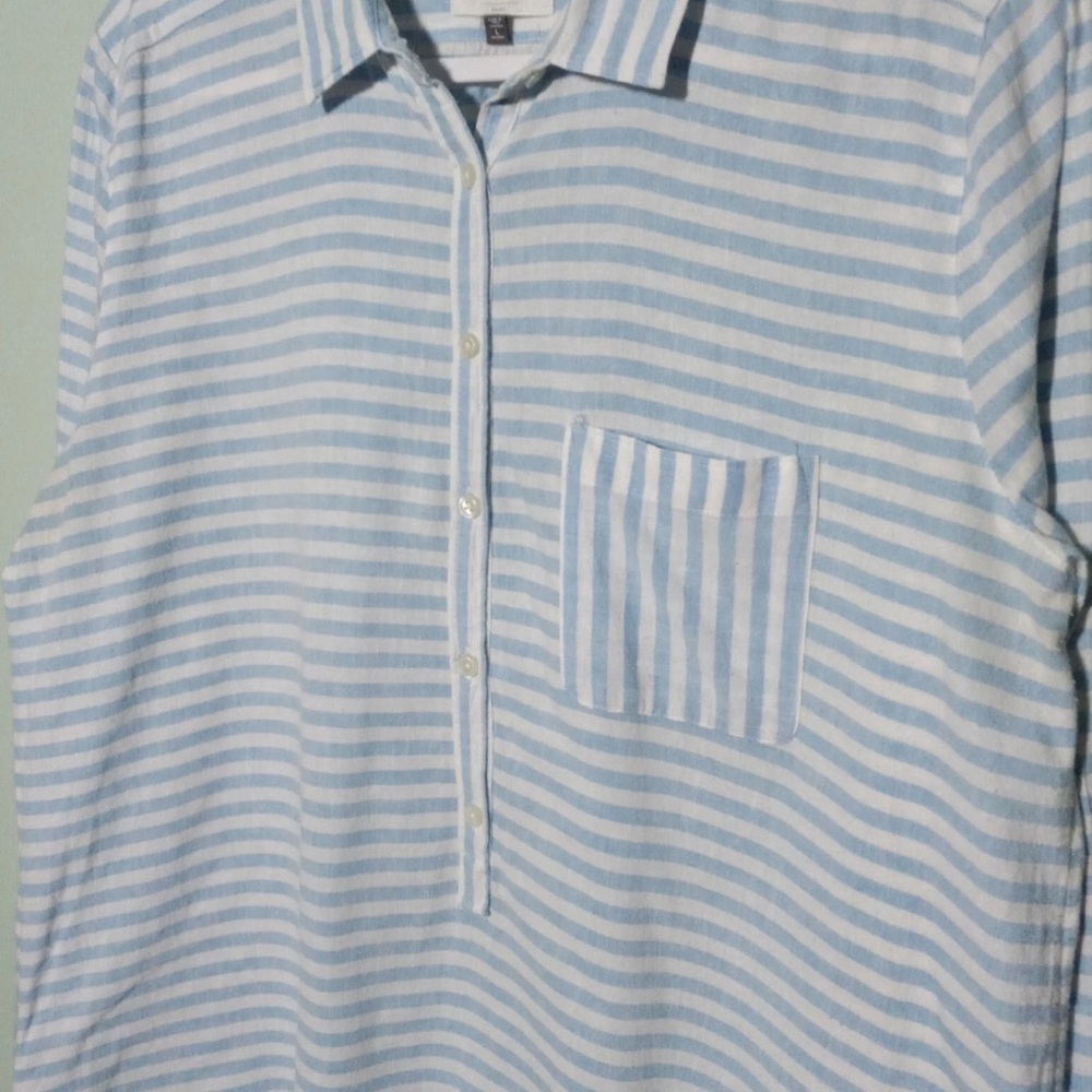 LOFT Softened Top Blouse, Cotton Linen Blue White Stripe Relaxed Tunic